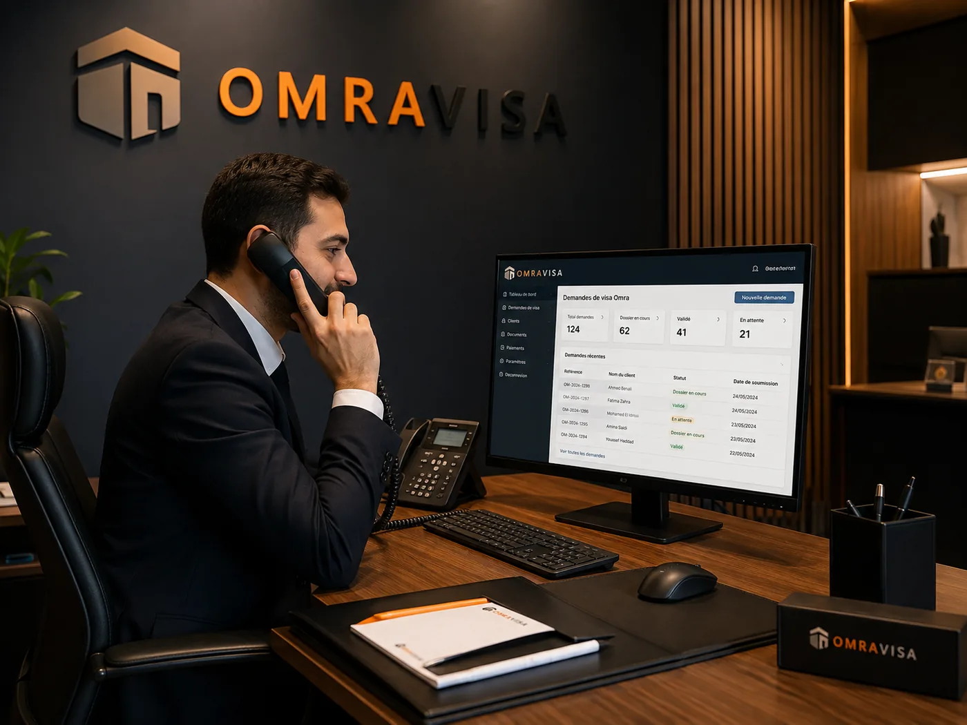 Un membre de l’équipe OmraVisa au téléphone devant son poste de travail