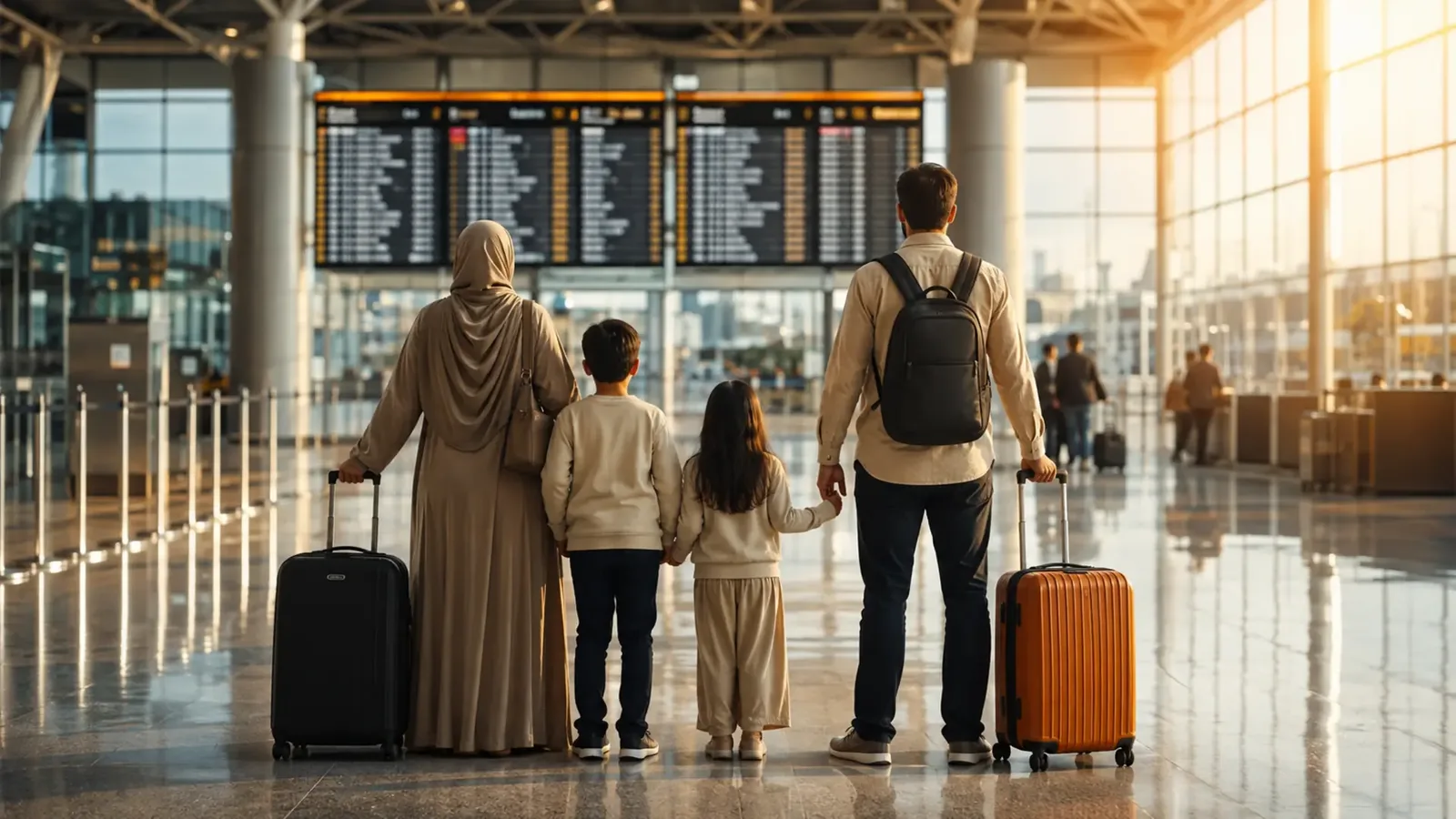 Famille de pèlerins en route vers l’aéroport pour la Omra