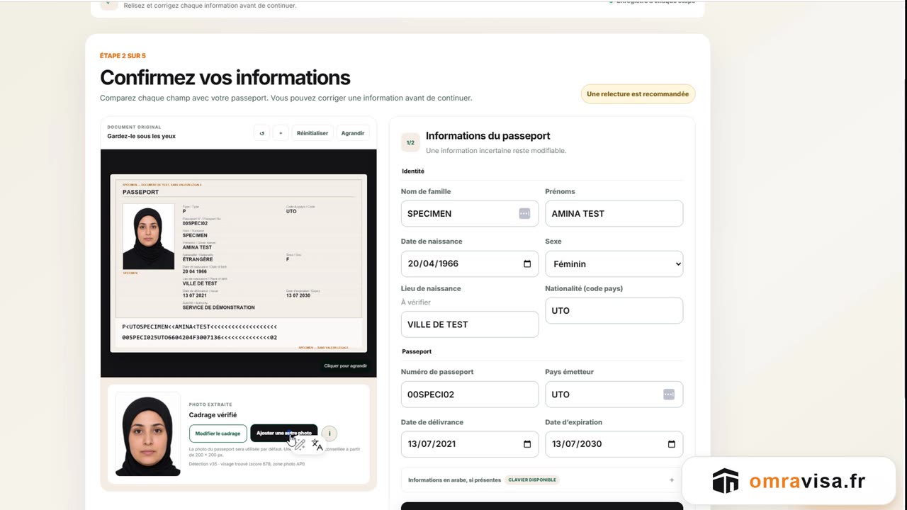 Aperçu de la vidéo : l’écran de confirmation des informations lues sur le passeport.